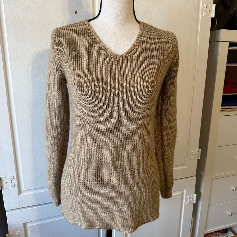 Emory Park V-neck Long Sleeve‎ Lace-up Back Ribbed Knit Fall Sweater Tan Small